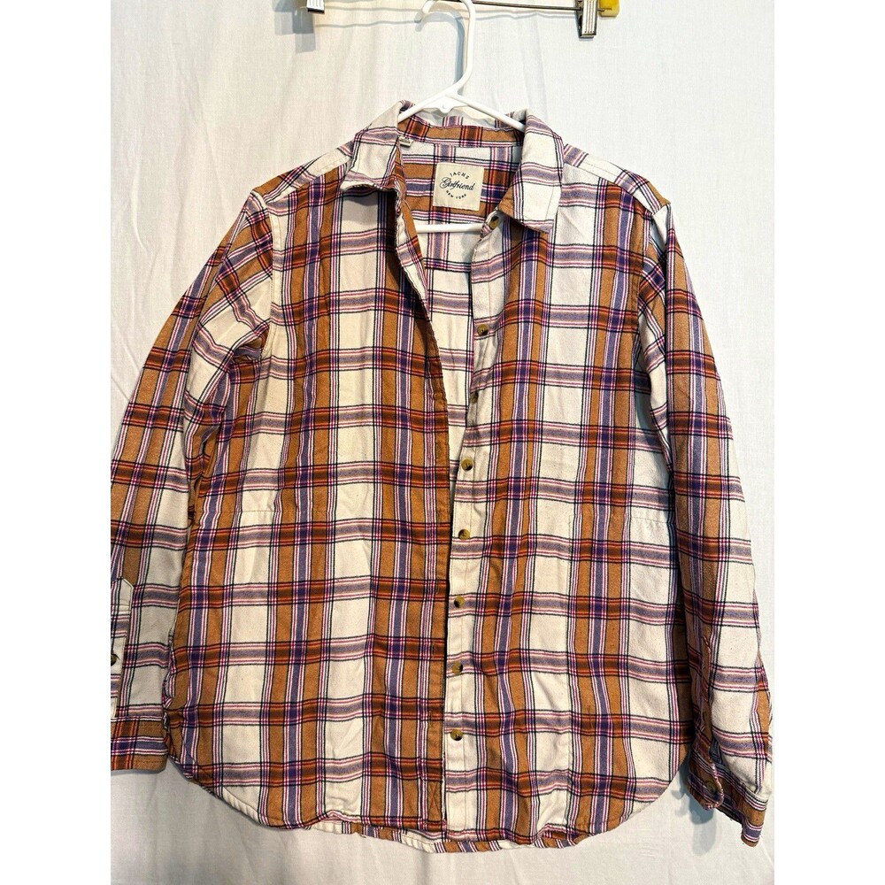JACHS Girlfriend New York Women's Plaid Flannel Button-Up Shirt M Brown Purple